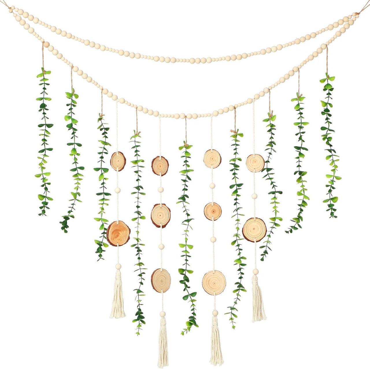 Hanging Eucalyptus Boho Wall Decor 36 x 36 Boho Wall Hanging Wooden Bead Garland